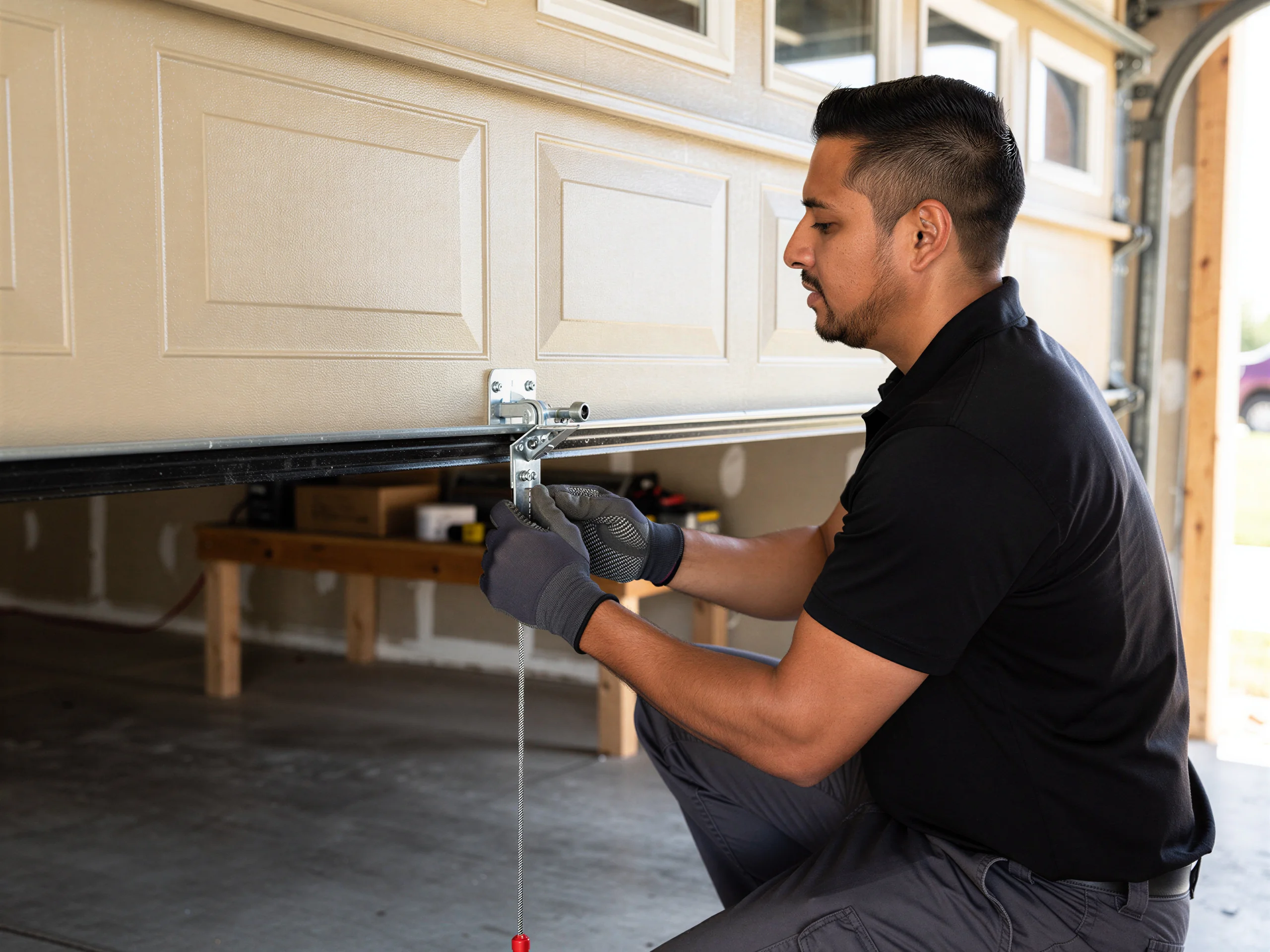 A technician in gloves is working on the bottom of a beige garage door.