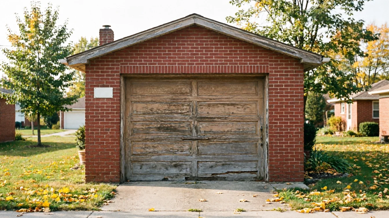 The garage has a weathered wooden door and red brick walls.