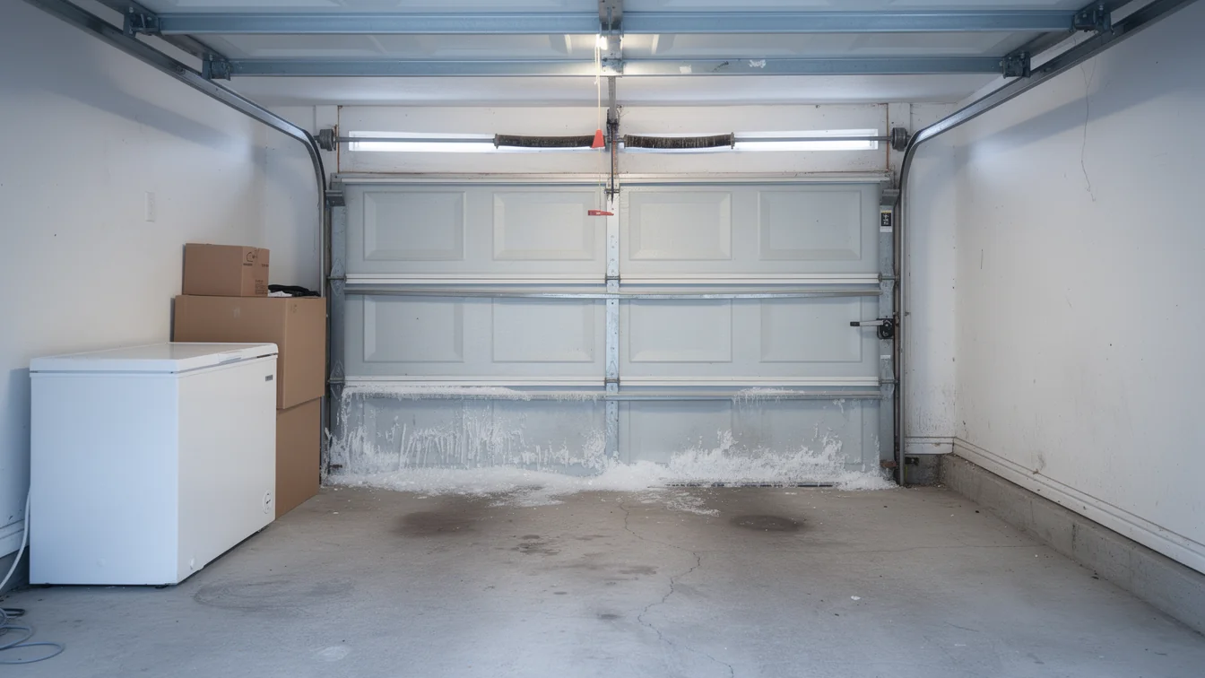 The garage door is closed, with a torsion spring and opener visible above.
