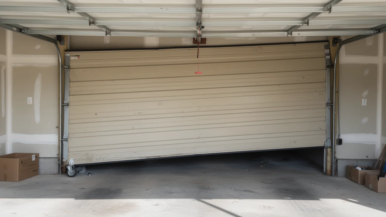 The beige garage door is off its tracks and crooked.