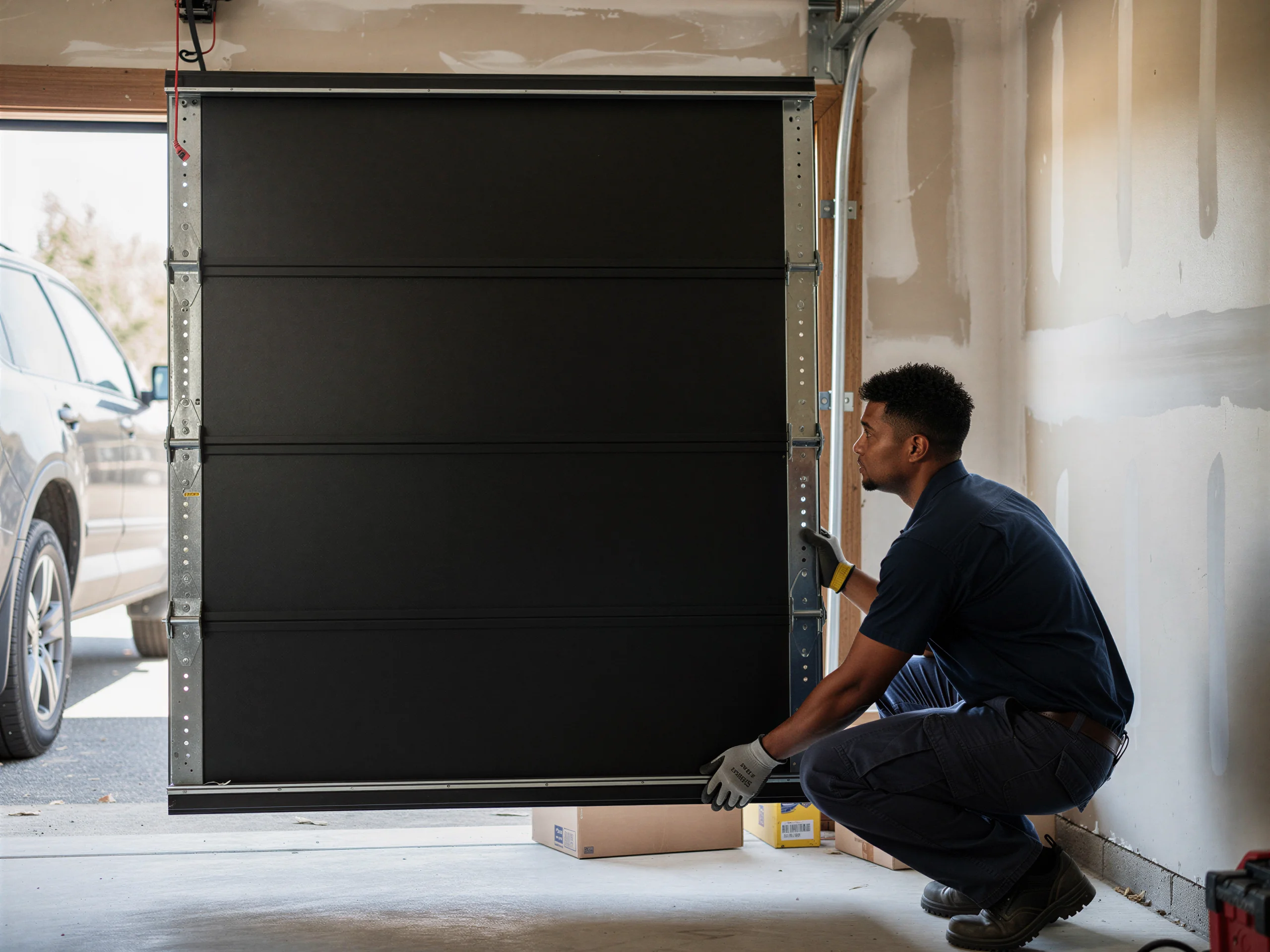 A technician installs a black garage door panel in a garage.