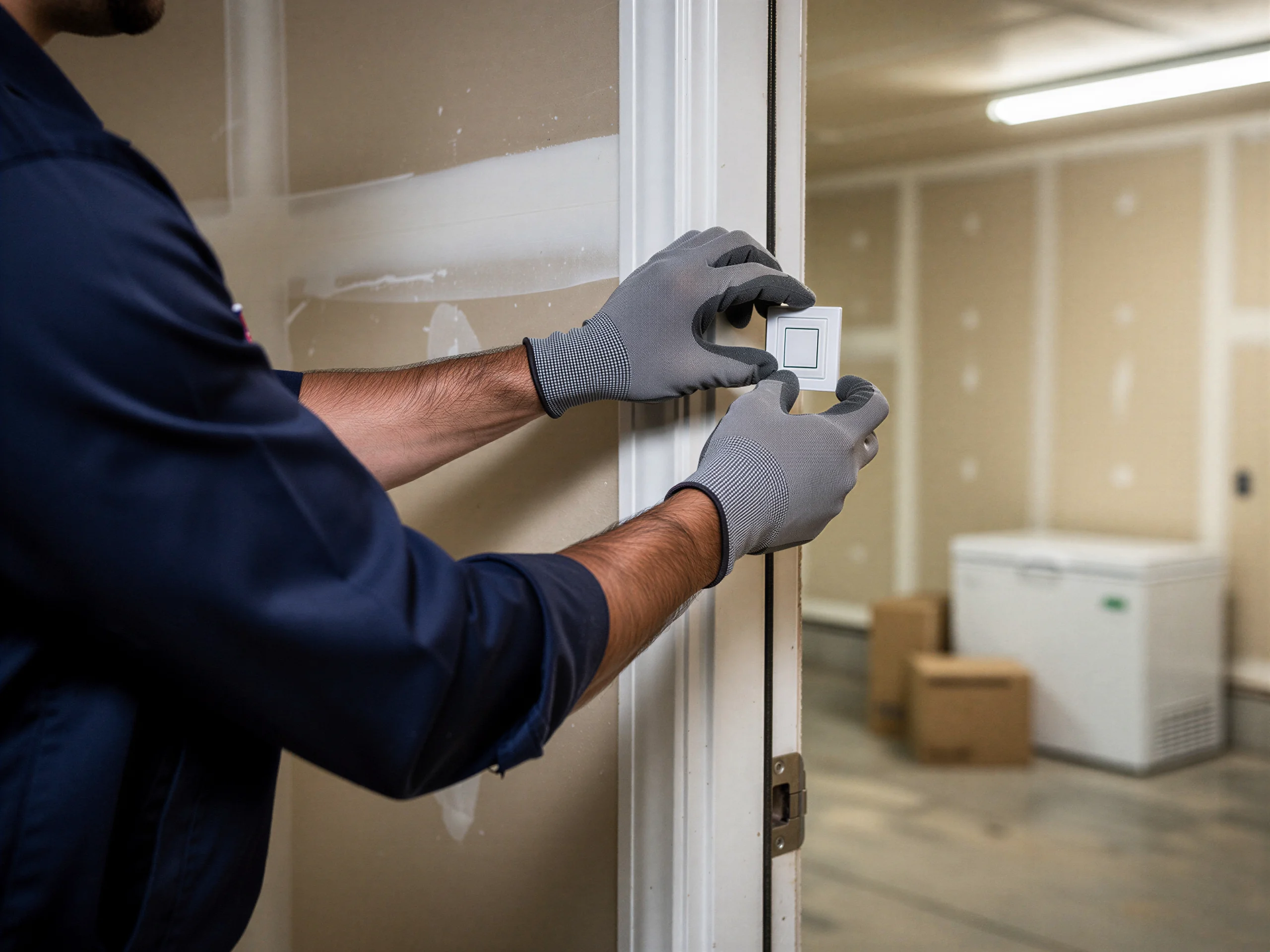 A technician installs a white garage door opener button on a door frame.