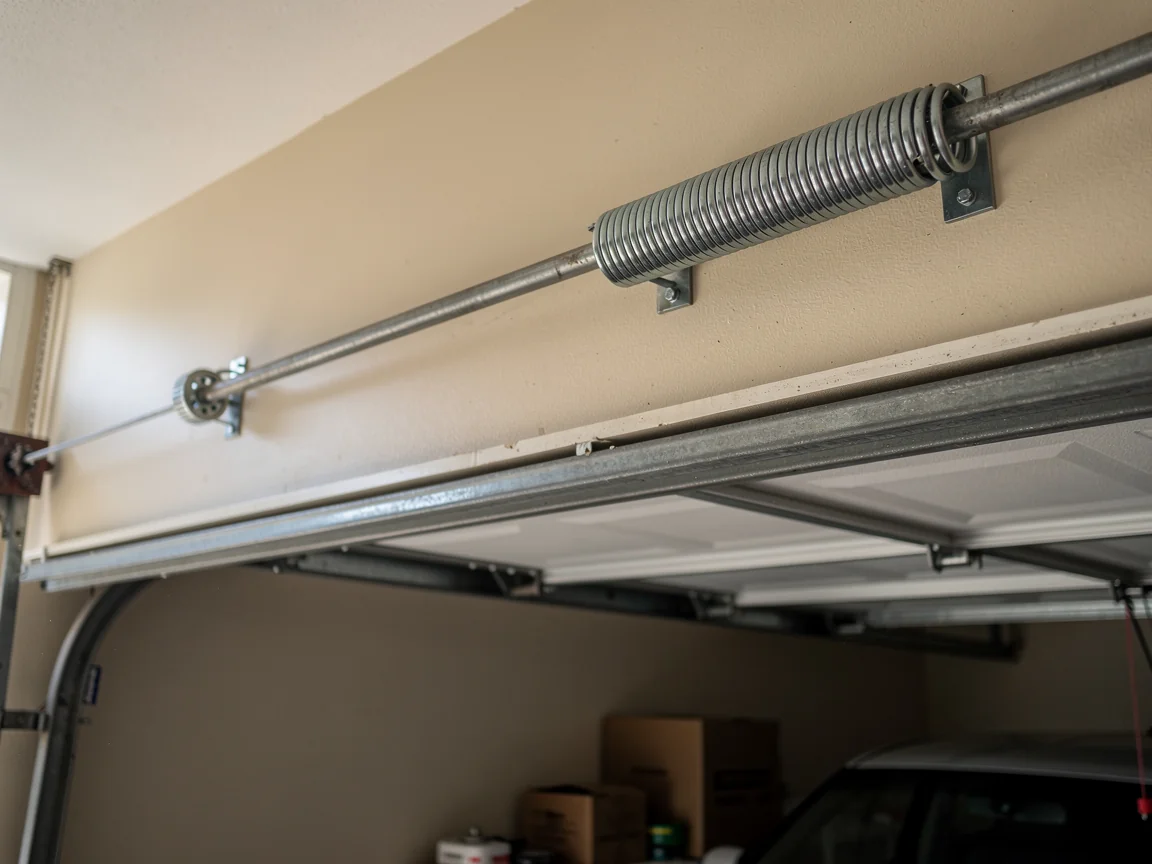 A torsion spring is mounted above a white garage door.