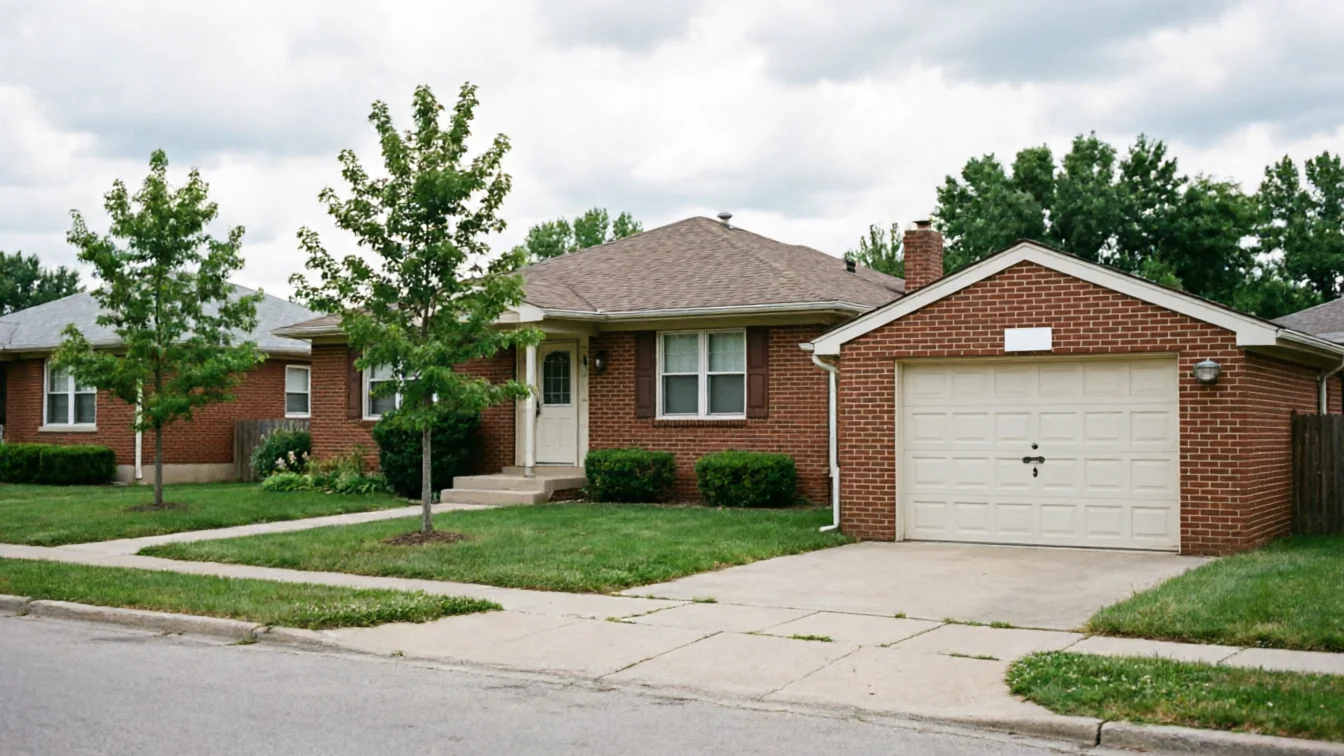 A red brick house with an attached garage and a white garage door.